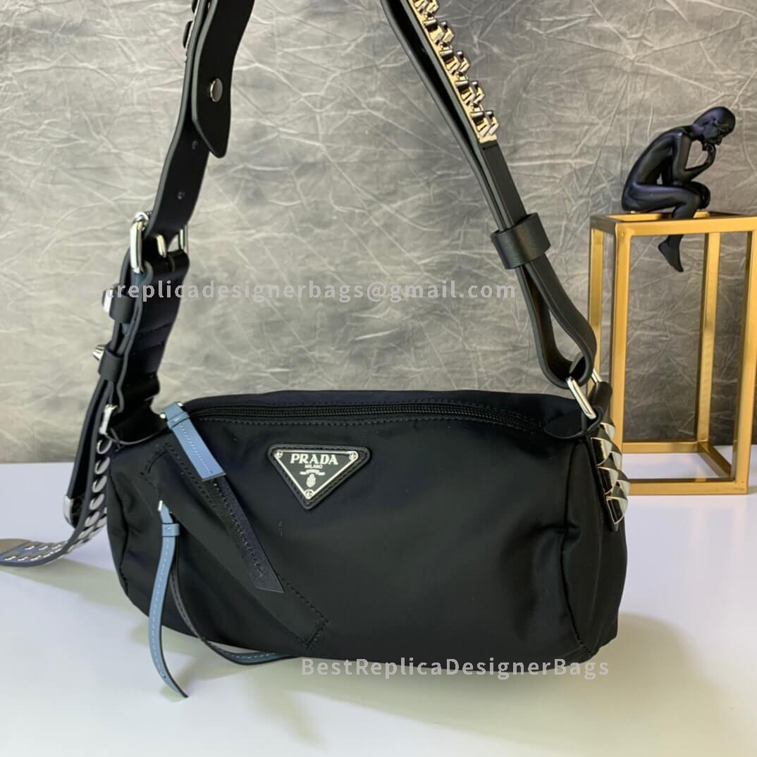 Prada Black And Blue Mini Fabric Shoulder Bag With Leather And Studs SHW 1BC100